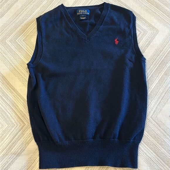 Polo Ralph Lauren Boys Navy Blue V Neck Sweater Vest - Size 7 - Picture 1 of 5